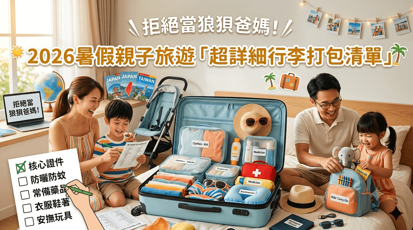 拒絕當狼狽爸媽!2026暑假親子旅遊「超詳細行李打包清單」(附Checklist) 3 暑假親子旅遊打包