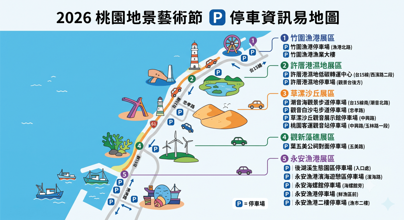2026桃園地景藝術節攻略|「珍珠海岸」雙漁港一日遊!交通、72件必看作品、路線一次收錄 3 地景藝術節停車資訊