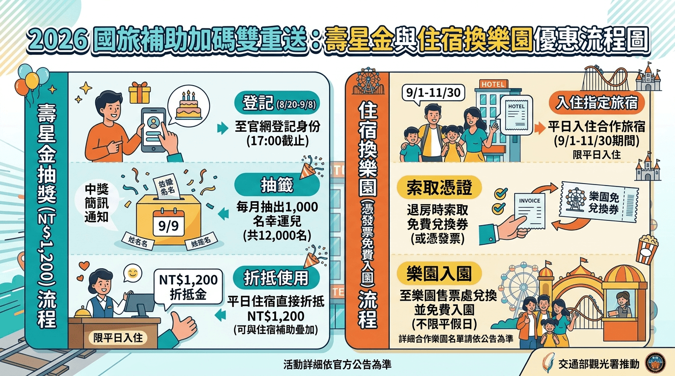 2026國旅補助申請懶人包|平日住宿最高折2,500元!壽星加碼抽1,200、5大方案與申請流程一次看 5 國旅補助壽星加碼